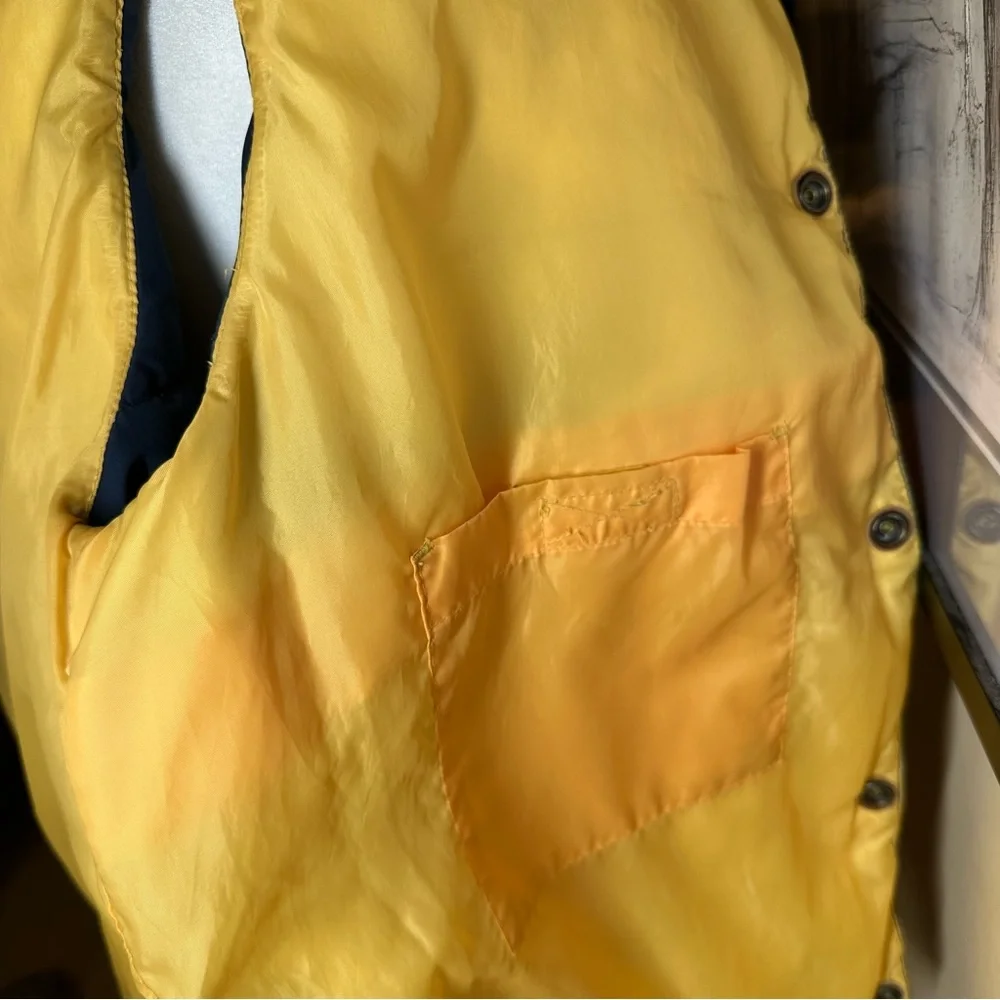 Retro Western 70s Navy Snap‎ Front Puffer Vest w/Yellow Lining and Sherpa Colar
